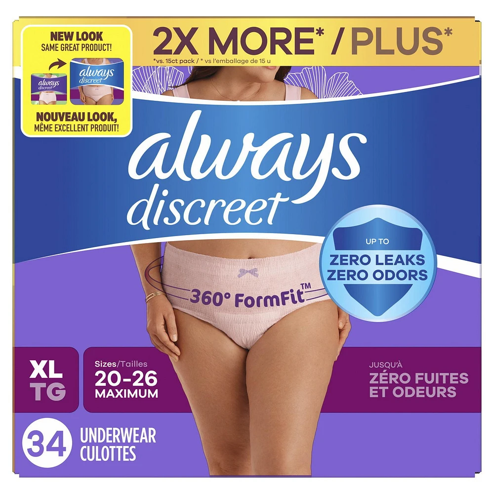 Always Discreet Adult Incontinence Underwear for Women and Postpartum Underwear, XL, Up to 100% Bladder Leak Protection,