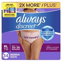 Always Discreet Adult Incontinence Underwear for Women and Postpartum Underwear, XL, Up to 100% Bladder Leak Protection,