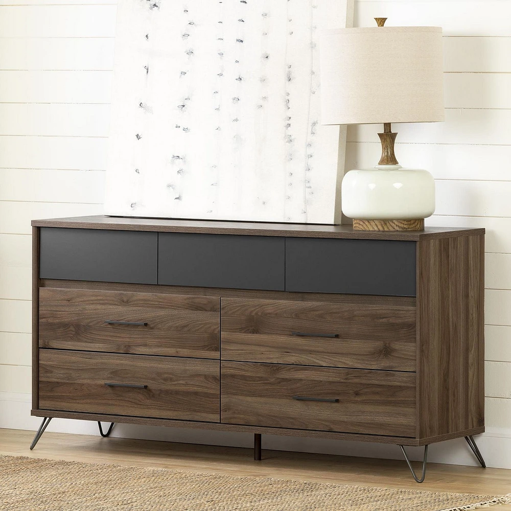 South Shore Olvyn 7-Drawer Double Dresser Natural Walnut and Charcoal