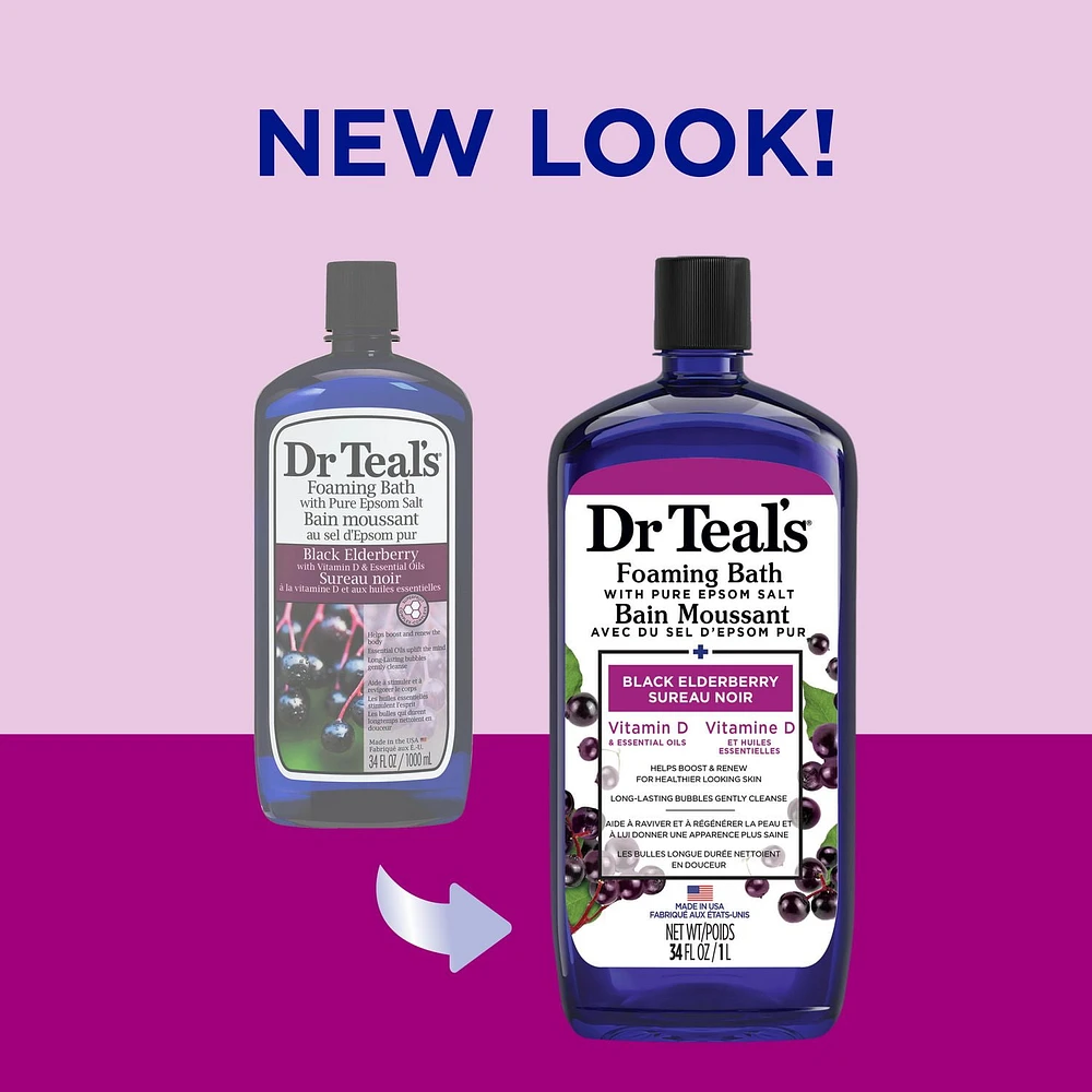 Dr Teal's Foaming Bath with Pure Epsom Salt, Black Elderberry with Vitamin D and Essential Oils (Packaging May Vary), 34 fl oz / 1L