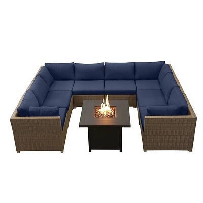 Chambers Bay Collection 9-Piece Aluminum Patio Conversation Set with Navy Cushions and Square Fire Table