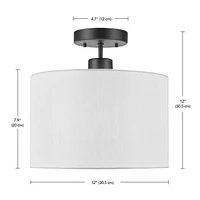 1-Light Matte Black Flush Mount Ceiling Light with White Linen Shade, 66000023, 1-Light Flush Mount Ceiling Light