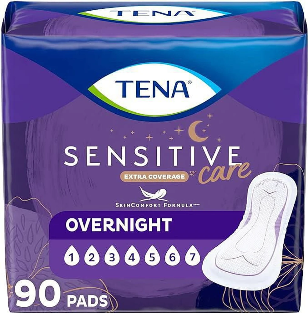 TENA Sensitive Care Extra Coverage Overnight Pad 90ct.