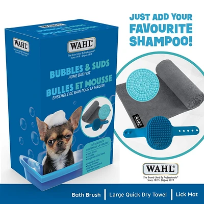 Wahl Kit de bain pour chien – Ensemble bulles et mousse avec brosse de bain, tapis à lécher et serviette en microfibre pour un toilettage sans stress, modèle 59844
