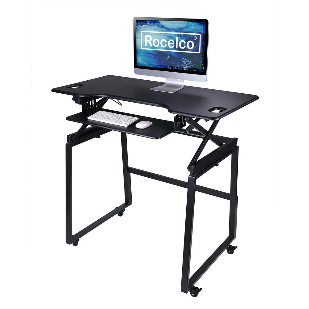 Rocelco 46" Mobile Large Height Adjustable Standing Desk BUNDLE - Rolling Sit Stand Up Dual Monitor Riser - Gas Spring Assist Computer Workstation - Retractable Keyboard Tray - Black