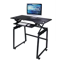 Rocelco 46" Mobile Large Height Adjustable Standing Desk BUNDLE - Rolling Sit Stand Up Dual Monitor Riser - Gas Spring Assist Computer Workstation - Retractable Keyboard Tray - Black