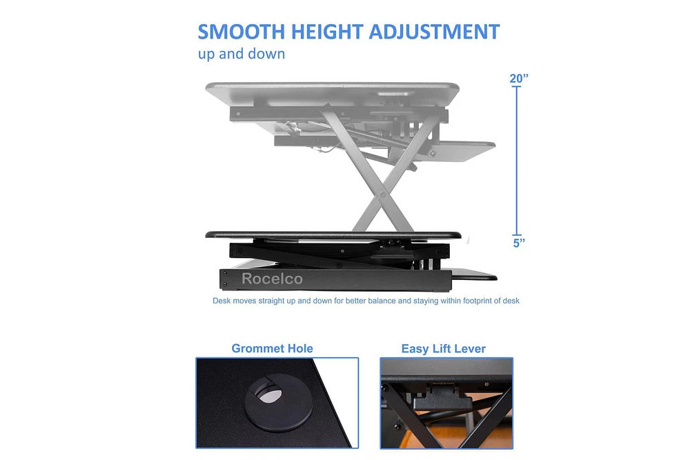 Rocelco 46" Mobile Large Height Adjustable Standing Desk BUNDLE - Rolling Sit Stand Up Dual Monitor Riser - Gas Spring Assist Computer Workstation - Retractable Keyboard Tray - Black