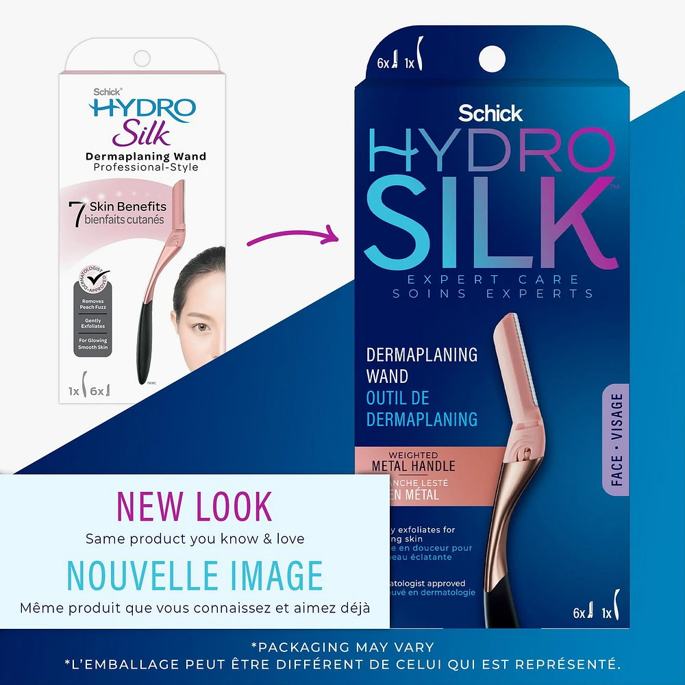 Outil de dermaplaning Schick Hydro Silk de style professionnel, 1 manche et 6 têtes de rechange 1 rasoir, 6 têtes de rechange