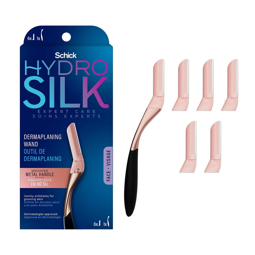 Outil de dermaplaning Schick Hydro Silk de style professionnel, 1 manche et 6 têtes de rechange 1 rasoir, 6 têtes de rechange