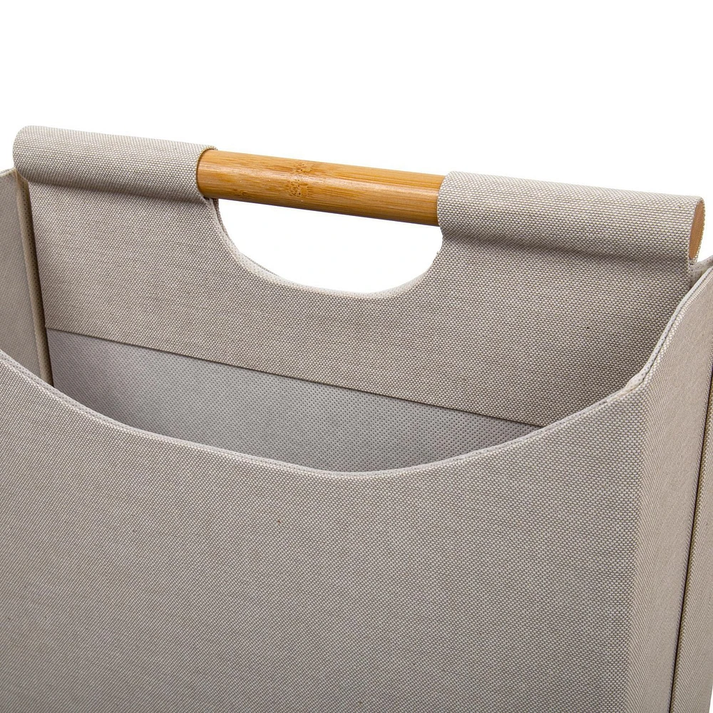 Truu Design Modern and Sleek Two-Compartment Beige Magazine Storage Bin with Bamboo Handle