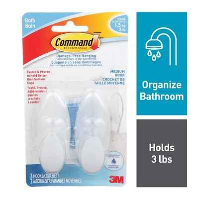 Command™ Bath Hooks BATH18-EF, Medium, Frosted, 3 lb (1.4 kg), 2 Hooks, 2 Water-Resistant Strips, Command™ Bath Hooks BATH18-EF