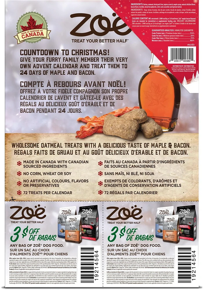 calendrier des Fêtes Zoë pour chiens avec régals à l’érable et de bacon