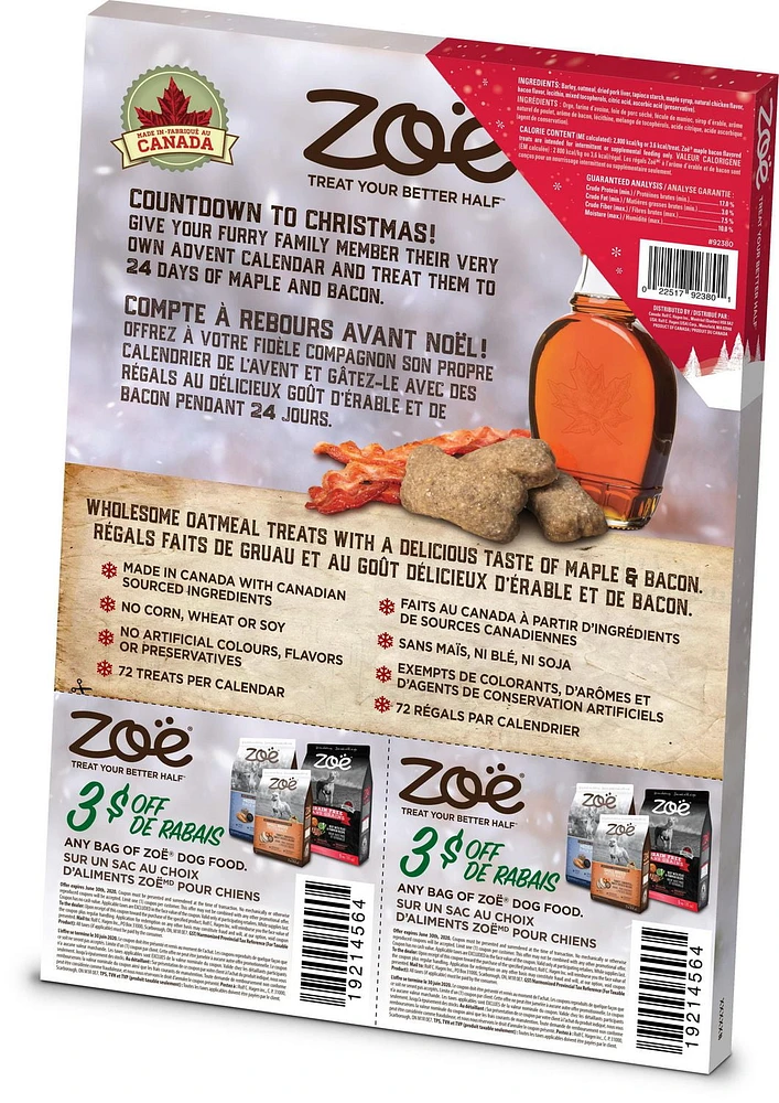 calendrier des Fêtes Zoë pour chiens avec régals à l’érable et de bacon