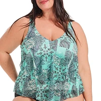 Krista Plus V Neck Tiered Tankini Top with Mesh