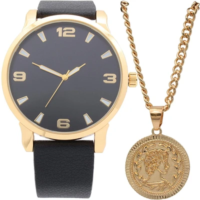 Men's Easy Read Analog Black PU Strap Watch with Goldtone Coin Necklace