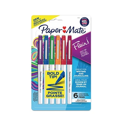 Paper Mate Flair Pens, Felt Tip Pens, Bold Tip (1.2 mm), Assorted Colors, 6 Count, Paper Mate