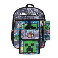 Minecraft Backpack 5-Piece Set 16” Flap Lunch Kit, Utility Case, Keychain and Carabiner