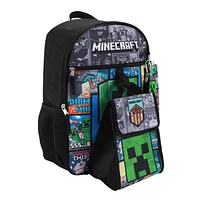 Minecraft Backpack 5-Piece Set 16” Flap Lunch Kit, Utility Case, Keychain and Carabiner