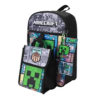 Minecraft Backpack 5-Piece Set 16” Flap Lunch Kit, Utility Case, Keychain and Carabiner