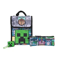 Minecraft Backpack 5-Piece Set 16” Flap Lunch Kit, Utility Case, Keychain and Carabiner