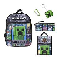 Minecraft Backpack 5-Piece Set 16” Flap Lunch Kit, Utility Case, Keychain and Carabiner