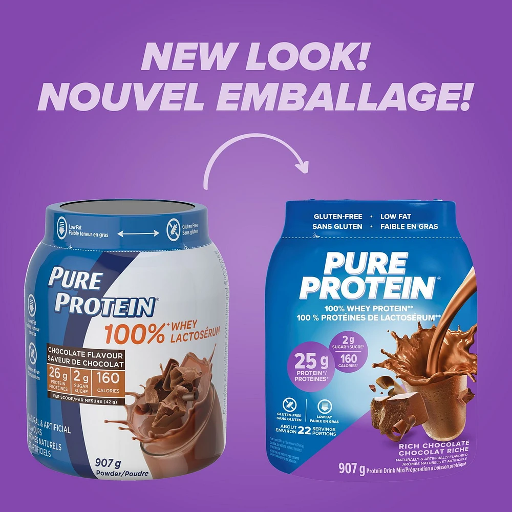 Rich Chocolate, 100% Whey Protein Powder, 25 g protein and 2 g sugar/scoop, 907 g/2 lbs, NEW LOOK! Pure Protein 100% Whey Protein powder delivers a powerful blend of protein - delicious, convenient and fast-acting.