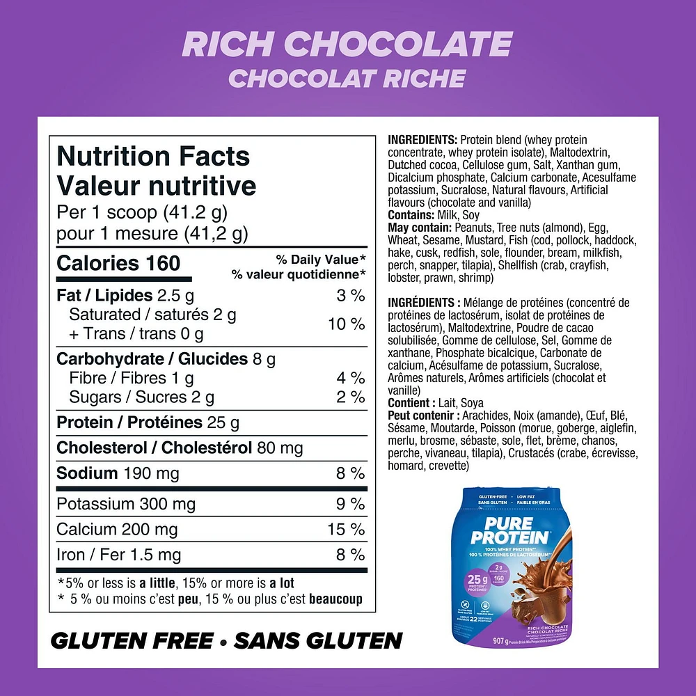 Rich Chocolate, 100% Whey Protein Powder, 25 g protein and 2 g sugar/scoop, 907 g/2 lbs, NEW LOOK! Pure Protein 100% Whey Protein powder delivers a powerful blend of protein - delicious, convenient and fast-acting.