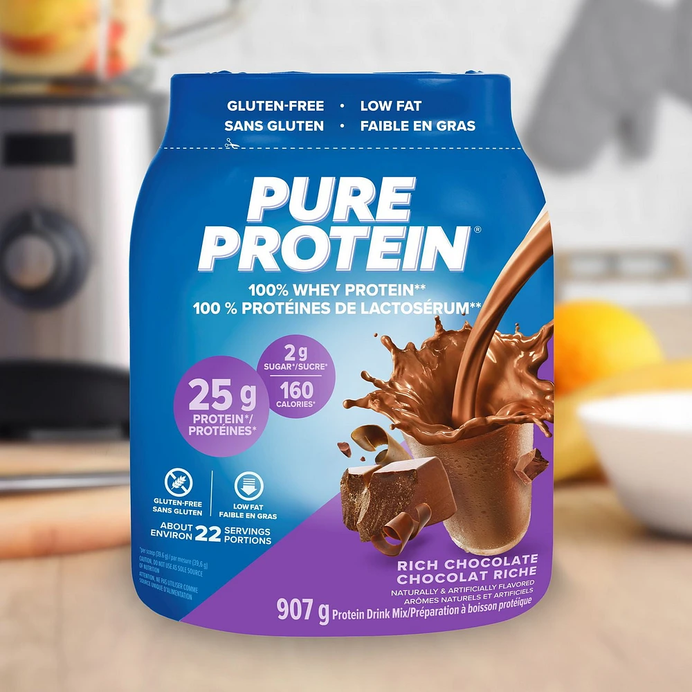 Rich Chocolate, 100% Whey Protein Powder, 25 g protein and 2 g sugar/scoop, 907 g/2 lbs, NEW LOOK! Pure Protein 100% Whey Protein powder delivers a powerful blend of protein - delicious, convenient and fast-acting.