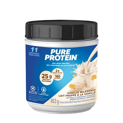 Lait frappé à la vanille, poudre de protéines de lactosérum à 100 %, 25 g de protéines et 2 g de sucre/mesure, 453 g/1 lb NOUVELLE APPARENCE! La poudre de protéines de lactosérum à 100 % Pure Protein offre un puissant mélange protéique - délicieux, pratique et à action rapide.