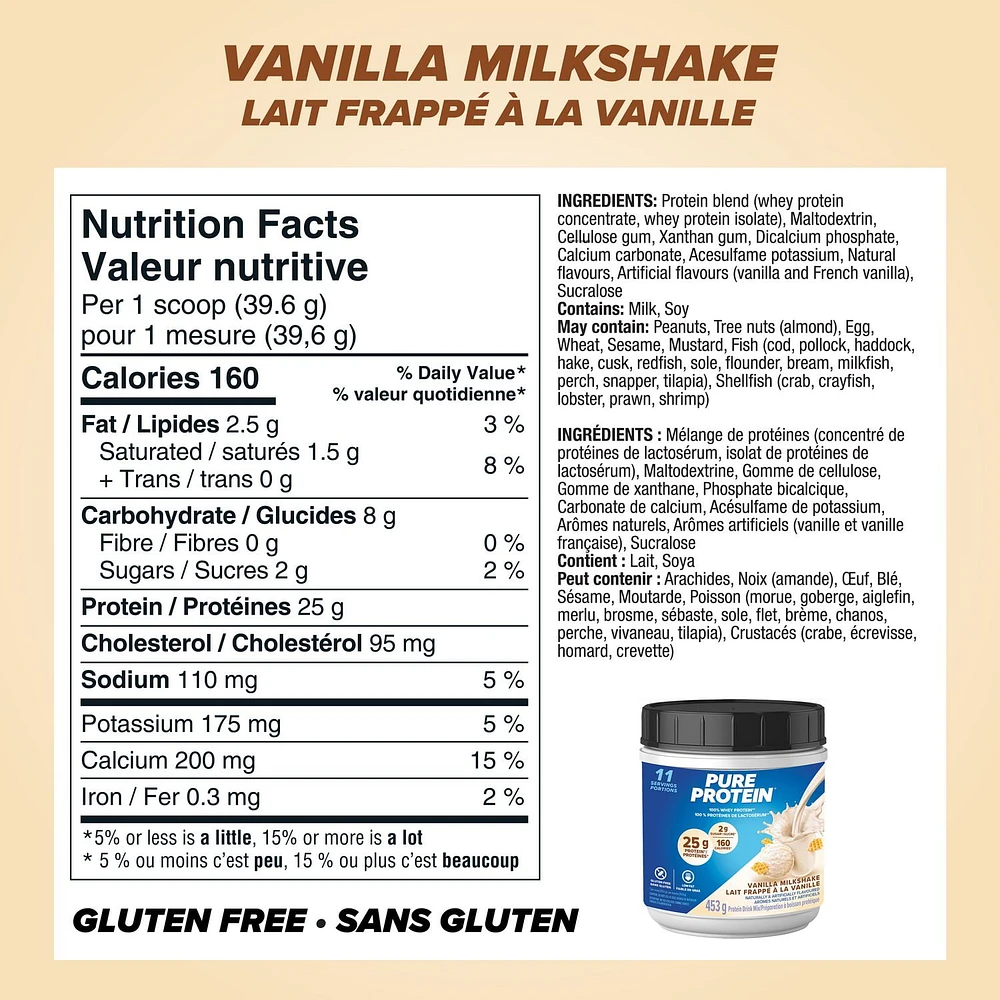 Lait frappé à la vanille, poudre de protéines de lactosérum à 100 %, 25 g de protéines et 2 g de sucre/mesure, 453 g/1 lb NOUVELLE APPARENCE! La poudre de protéines de lactosérum à 100 % Pure Protein offre un puissant mélange protéique - délicieux, pratique et à action rapide.