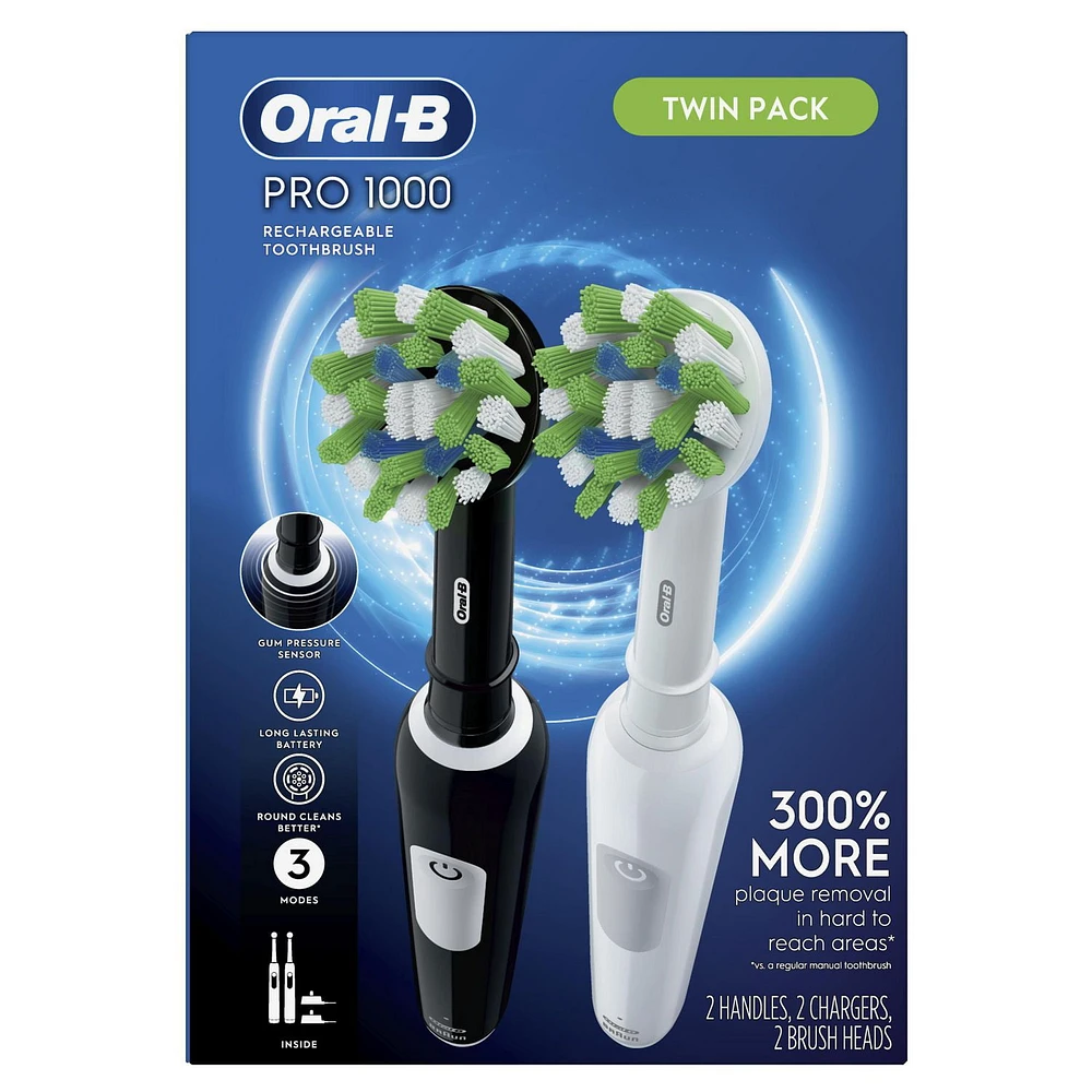 Oral-B Pro 1000 Electric Toothbrush, Black & White, 2 Handles, 2 Chargers, 2 Brush Heads