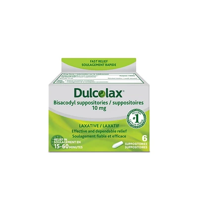 Dulcolax, 10 mg de Bisacodyl,  6 suppositoires de laxatif  – Soulagement efficace de la constipation occasionnelle, Soulagement dans les 15 à 60 minutes, Convient aux enfants de 12 ans et plus, aux adultes et aux femmes qui allaitent Dulcolax, 10 mg de Bisacodyl,  6 suppositoires