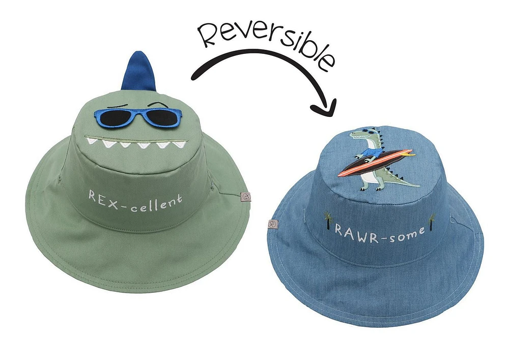 FlapJackKids - Chapeau de soleil réversible pour bébés, enfants et petites - Dino & Surfer Dino - UPF 50+