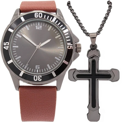 Men's Easy Read Analog Brown PU Strap Watch with Gun metal Cross Necklace