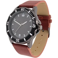 Men's Easy Read Analog Brown PU Strap Watch with Gun metal Cross Necklace