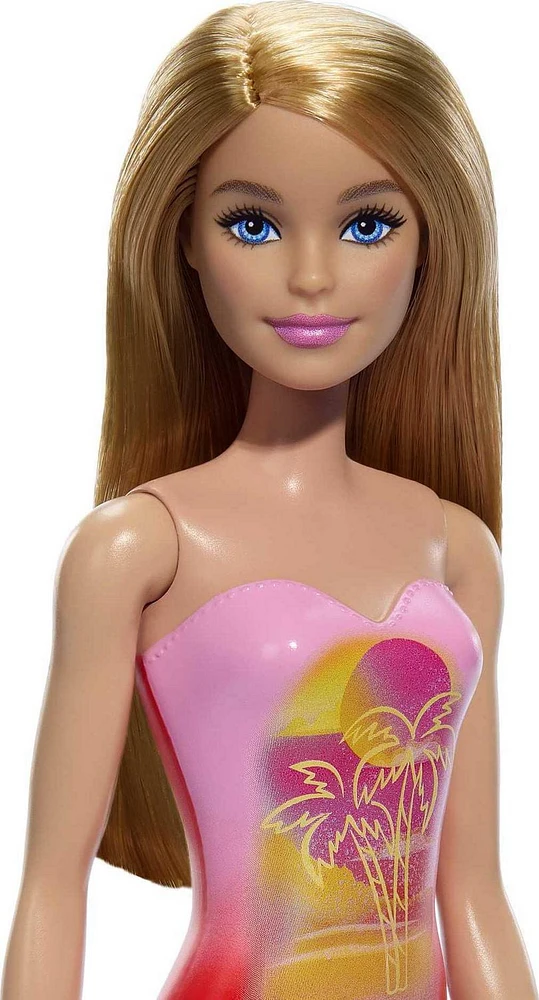 Beach Barbie Doll with Blond Hair Wearing Pink Palm Tree-Print Swimsuit, Ages 3+