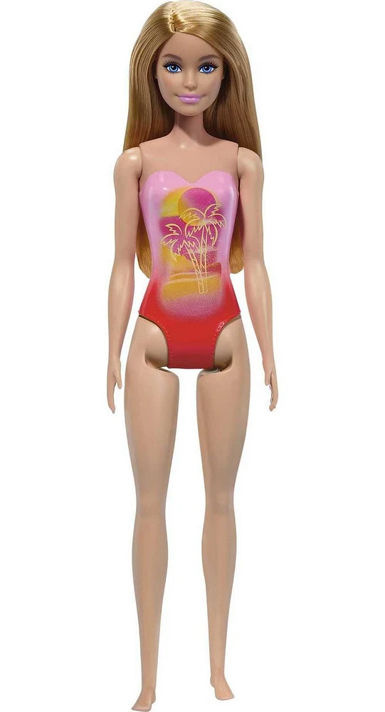 Beach Barbie Doll with Blond Hair Wearing Pink Palm Tree-Print Swimsuit, Ages 3+