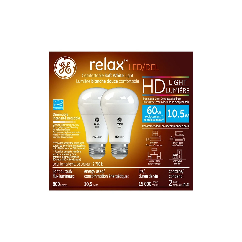 GE 10W HD LED A19 RELAX 2 PACK