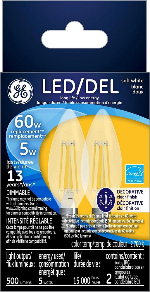 GE 5W LED BC CANDELABRA SOFT WHITE 2 PACK