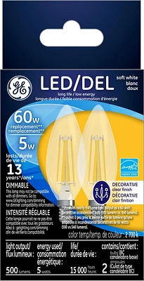 GE 5W LED BC CANDELABRA SOFT WHITE 2 PACK