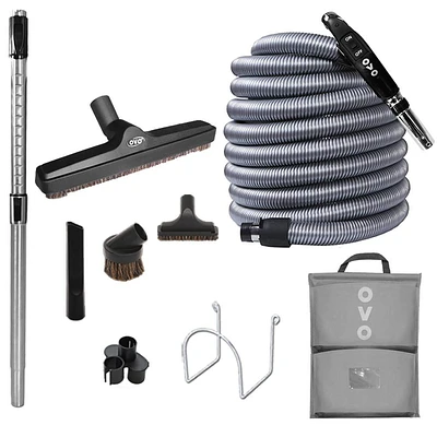 Ovo Central Vacuum Deluxe Plus Accessories Kit, With 40ft Low-Voltage hose, ON/OFF Control at the handle, 12’’ floor brush and accessories, For hard surfaces