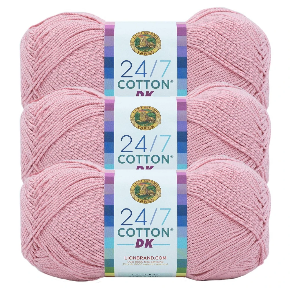 Lion Brand 24/7 Cotton® DK Yarn #3 Light/DK weight 100g/273m 3-Pack