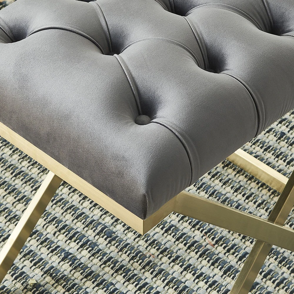 Contemporary Velvet & Stainless Steel Bench in Grey & Gold