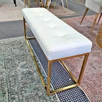 Heavenly Collection White PU Bench, PU Bench with Gold Stainless Steel, Stainless Steel Bench, Polished Bench, PU Bench, Gold Bench, Entryway Bench