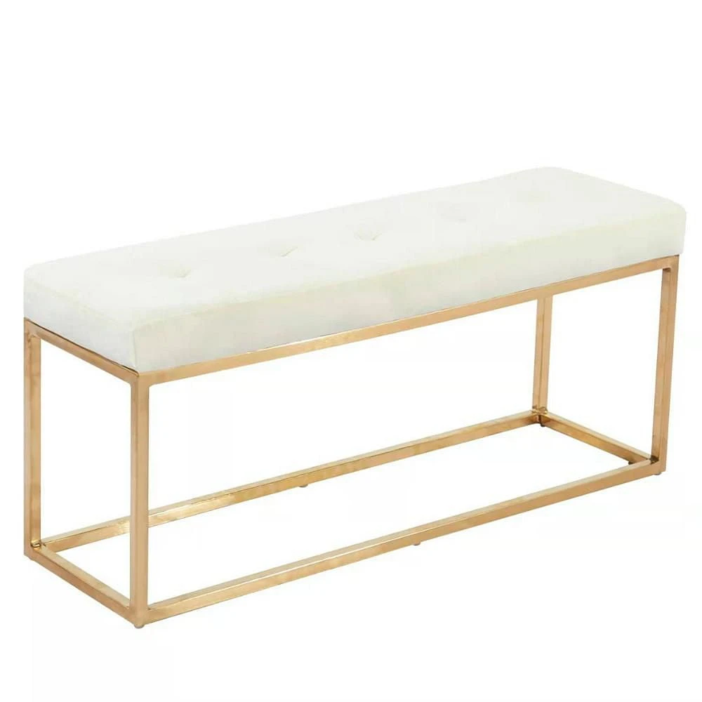 Banc en PU blanc de la collection Heavenly, banc en PU avec acier inoxydable doré, banc en acier inoxydable, banc poli, banc en PU, banc doré, banc d'entrée