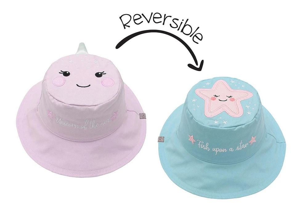 FlapJackKids - Reversible Baby, Kids & Toddler Sun Hat - Narwhal & Starfish - UPF 50+