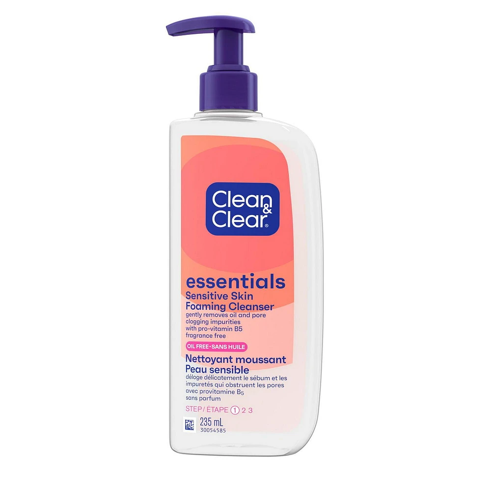 Clean & Clear Essentials Oil-Free Foaming Facial Cleanser, Daily Face Wash with Pro-Vitamin B5 Gently Removes Oil & Pore Clogging Impurities Without Drying Skin, Fragrance-Free, 235 mL