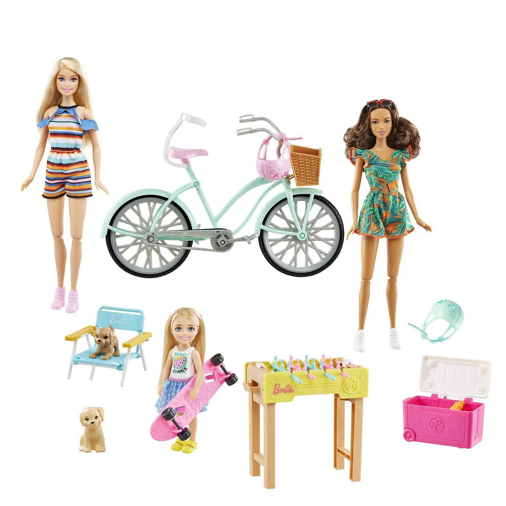 Barbie Backyard Fun Gift Set with 2 Barbie Dolls, Chelsea Doll, Pet Puppies, Bicycle, Skateboard, Game Table & Accessories, Ages 3+