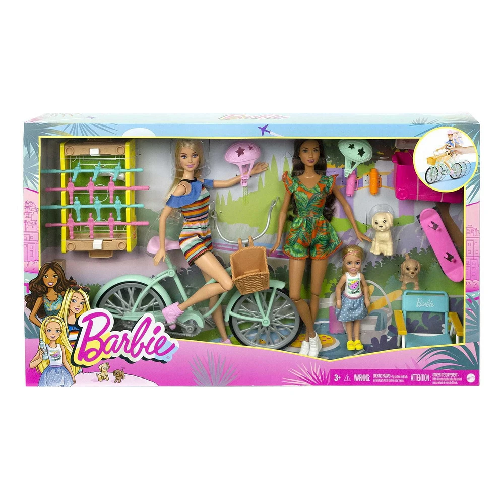 Barbie Backyard Fun Gift Set with 2 Barbie Dolls, Chelsea Doll, Pet Puppies, Bicycle, Skateboard, Game Table & Accessories, Ages 3+