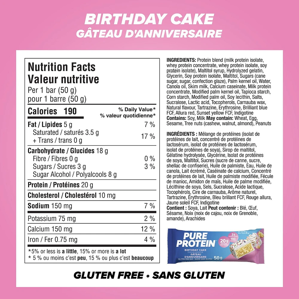 BIRTHDAY CAKE, 20 g of protein, gluten free, 6 X 50 g, New Look! Pure Protein bars feature the winning combination of high protein and great taste.